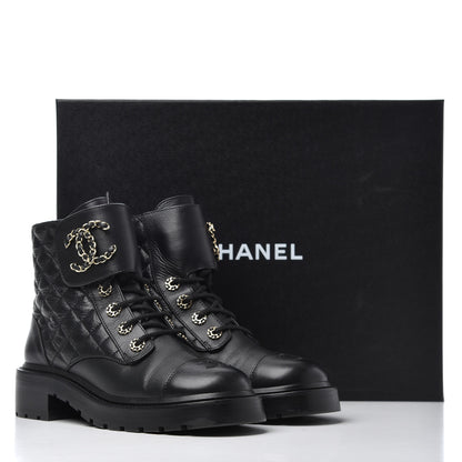 Chanel Shiny Goatskin Calfskin Quilted Lace Up Combat Boots 38.5 Black 14 of 14