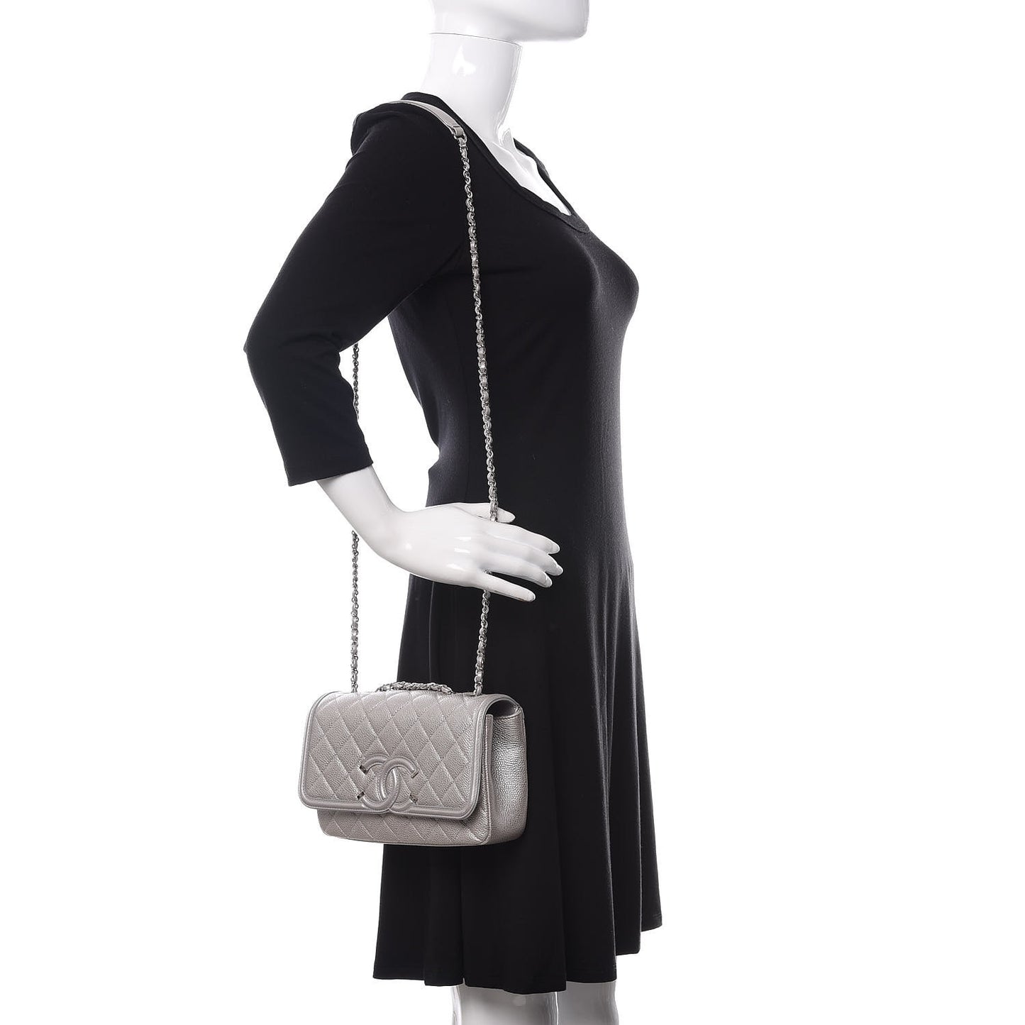 Metallic Caviar Quilted Small CC Filigree Flap Silver