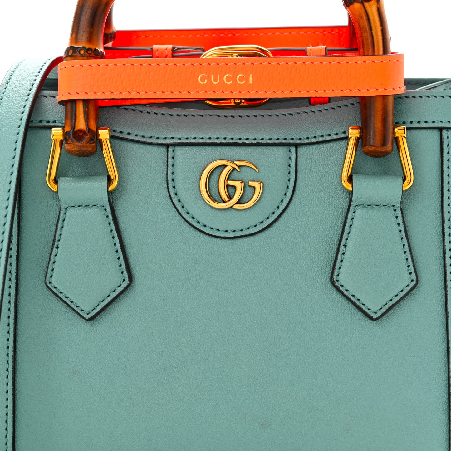 Textured Dollar Calfskin Web Mini Diana Tote Bag Dusty Azure Deep Orange