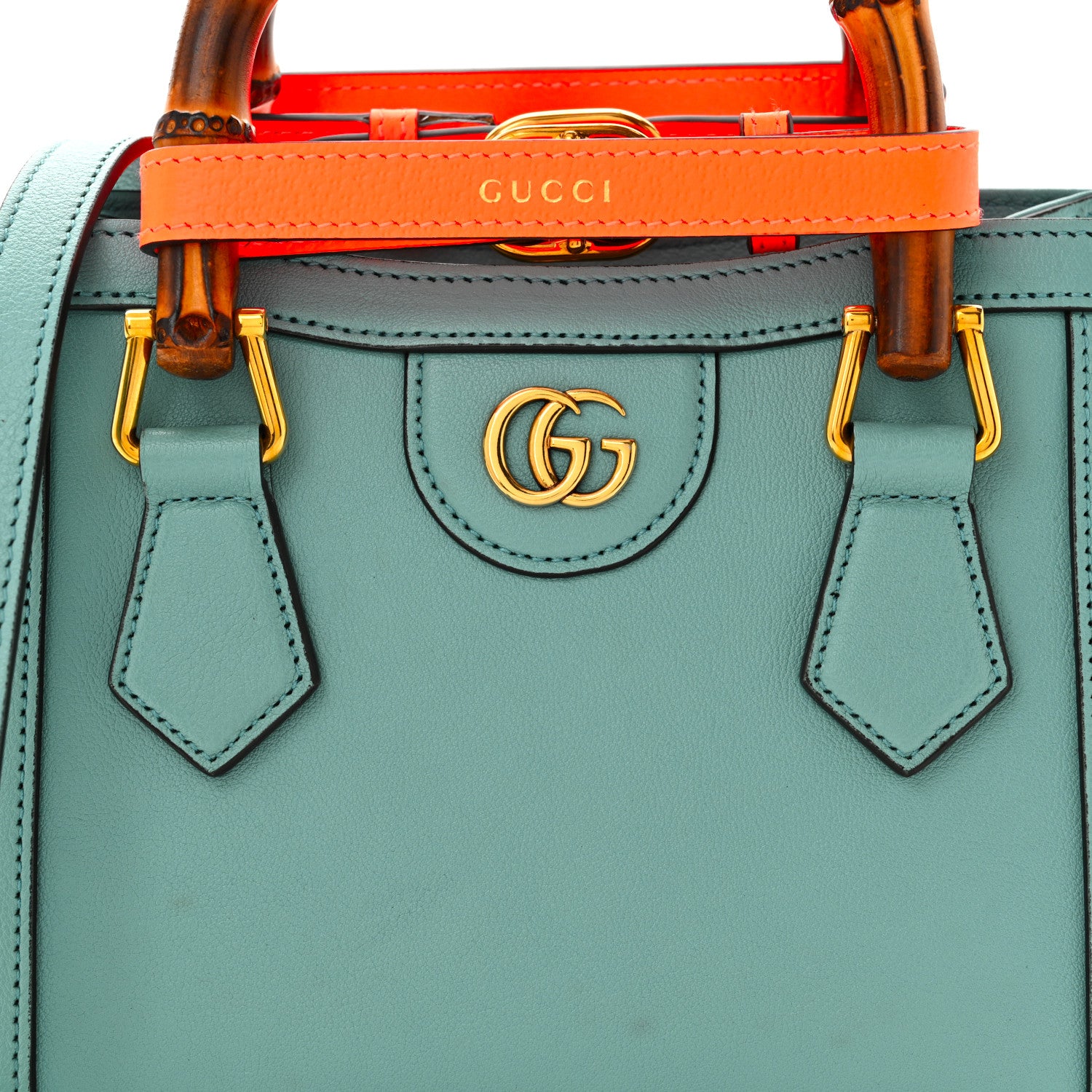 Gucci Textured Dollar Calfskin Web Mini Diana Tote Bag Dusty Azure Deep Orange 8 of 11
