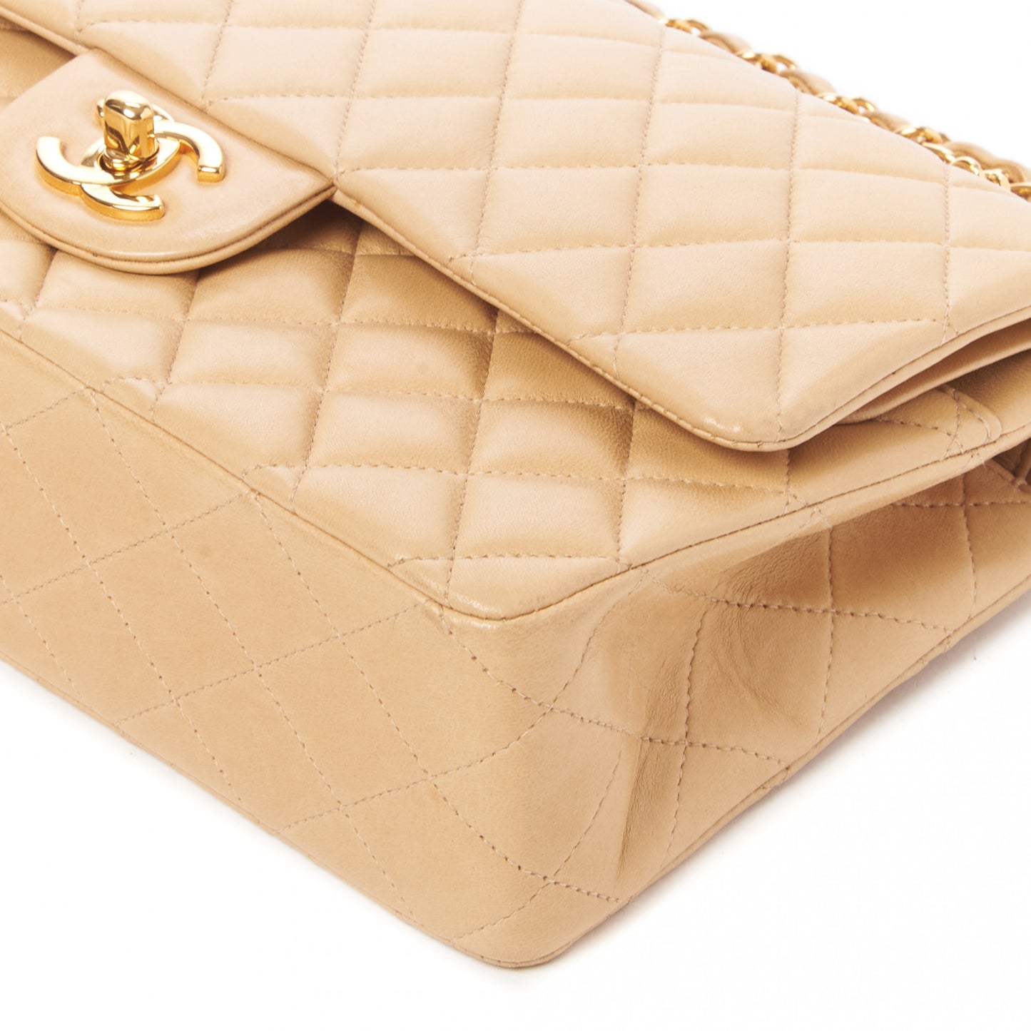 Lambskin Quilted Medium Double Flap Beige