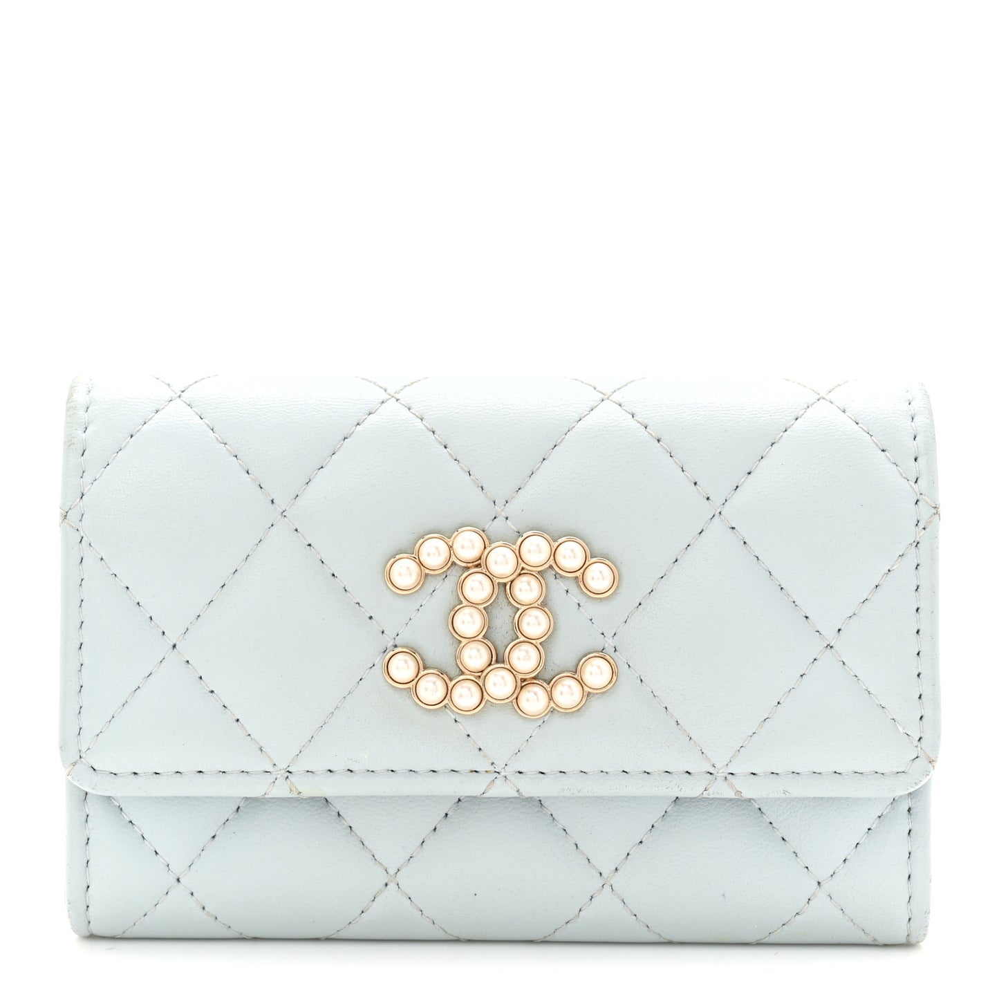 Lambskin Quilted Pearl CC Chanel Flap Card Holder Light Blue