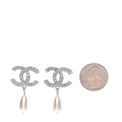 Chanel Crystal Pearl CC Drop Darling Bows Earrings Silver Pearly White 2 of 5