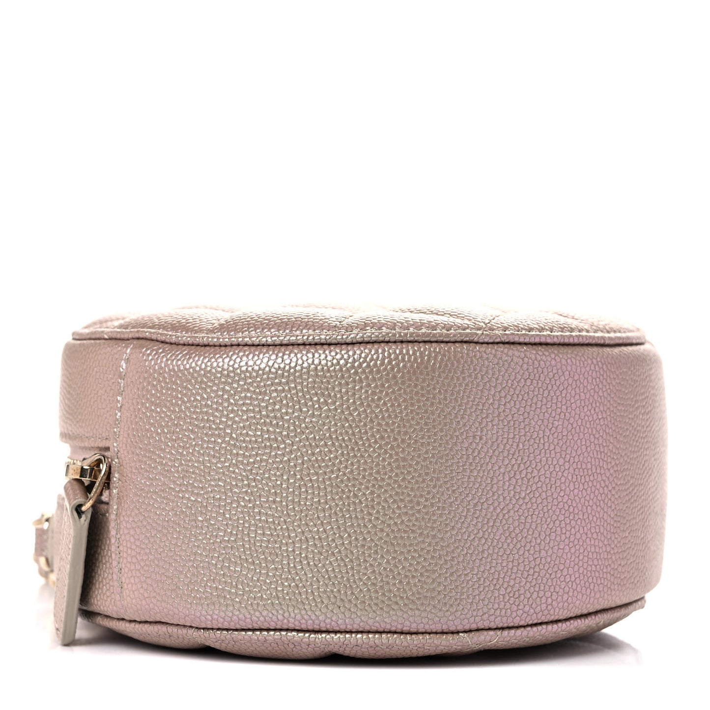 Iridescent Caviar Quilted Round Clutch With Chain Beige