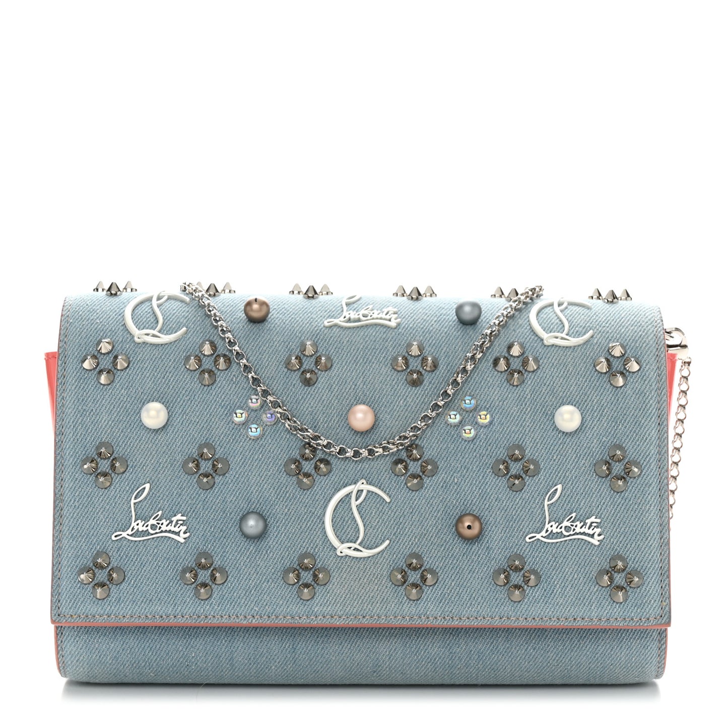 Denim Calfskin Patent Pearl Spikes Loubinthesky Paloma Clutch Paloma Blue