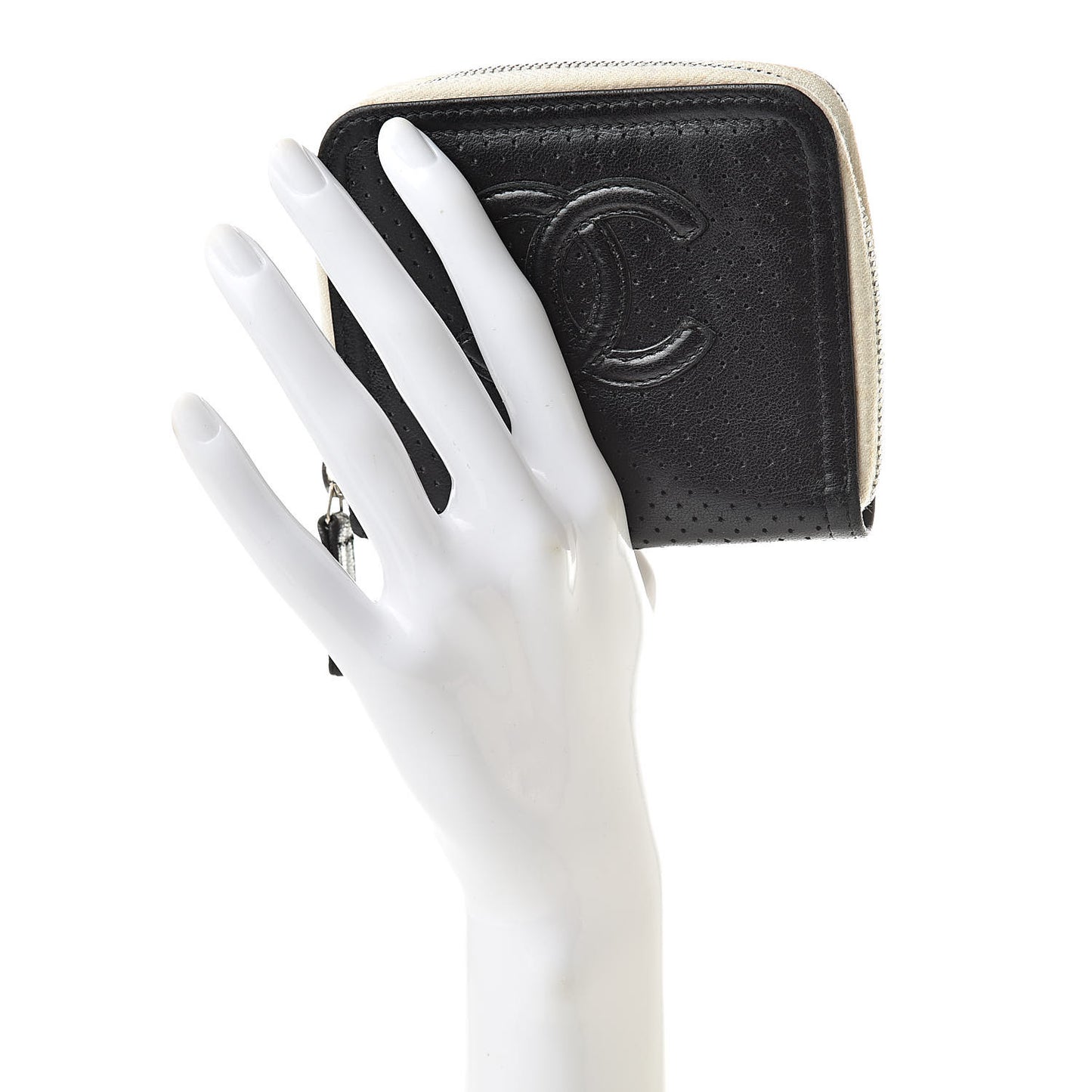 Calfskin Perforated Timeless Compact Zip Wallet Black White