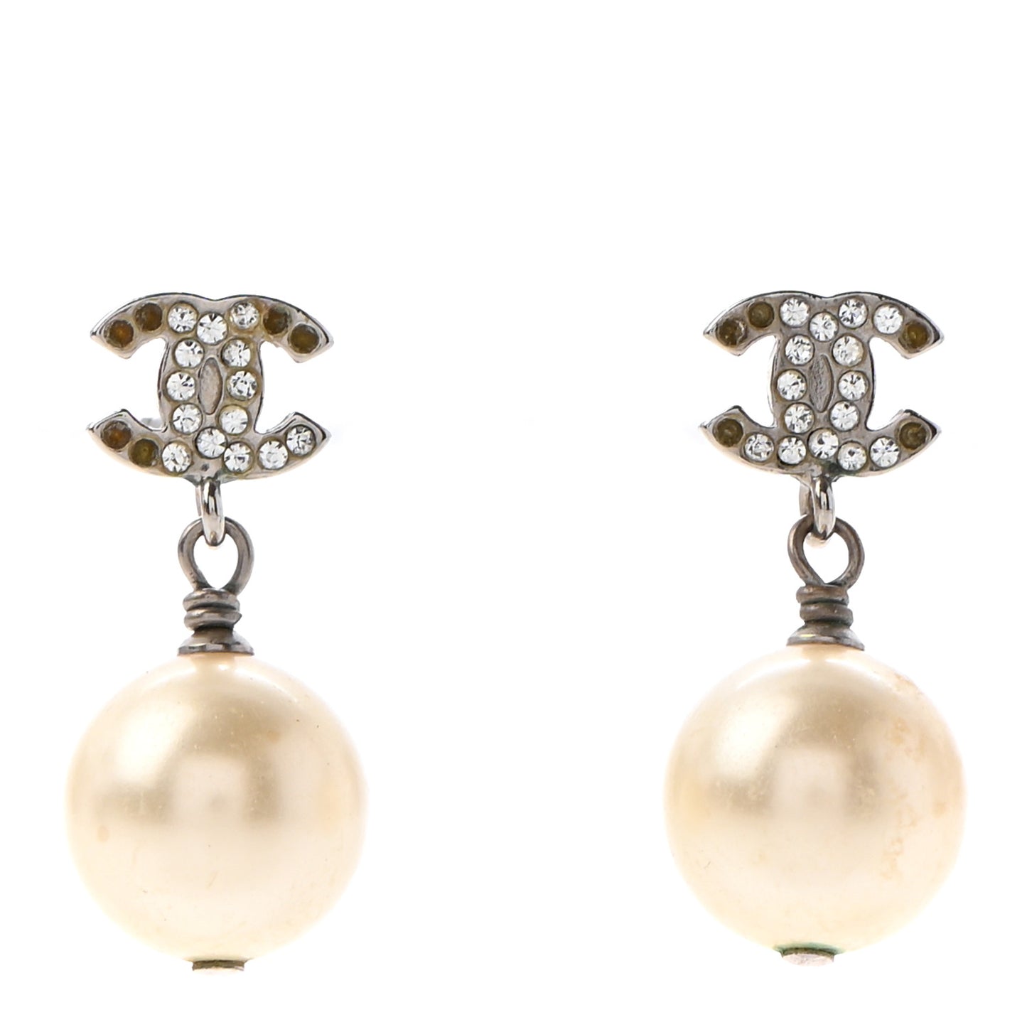 Crystal Pearl CC Drop Earrings Silver