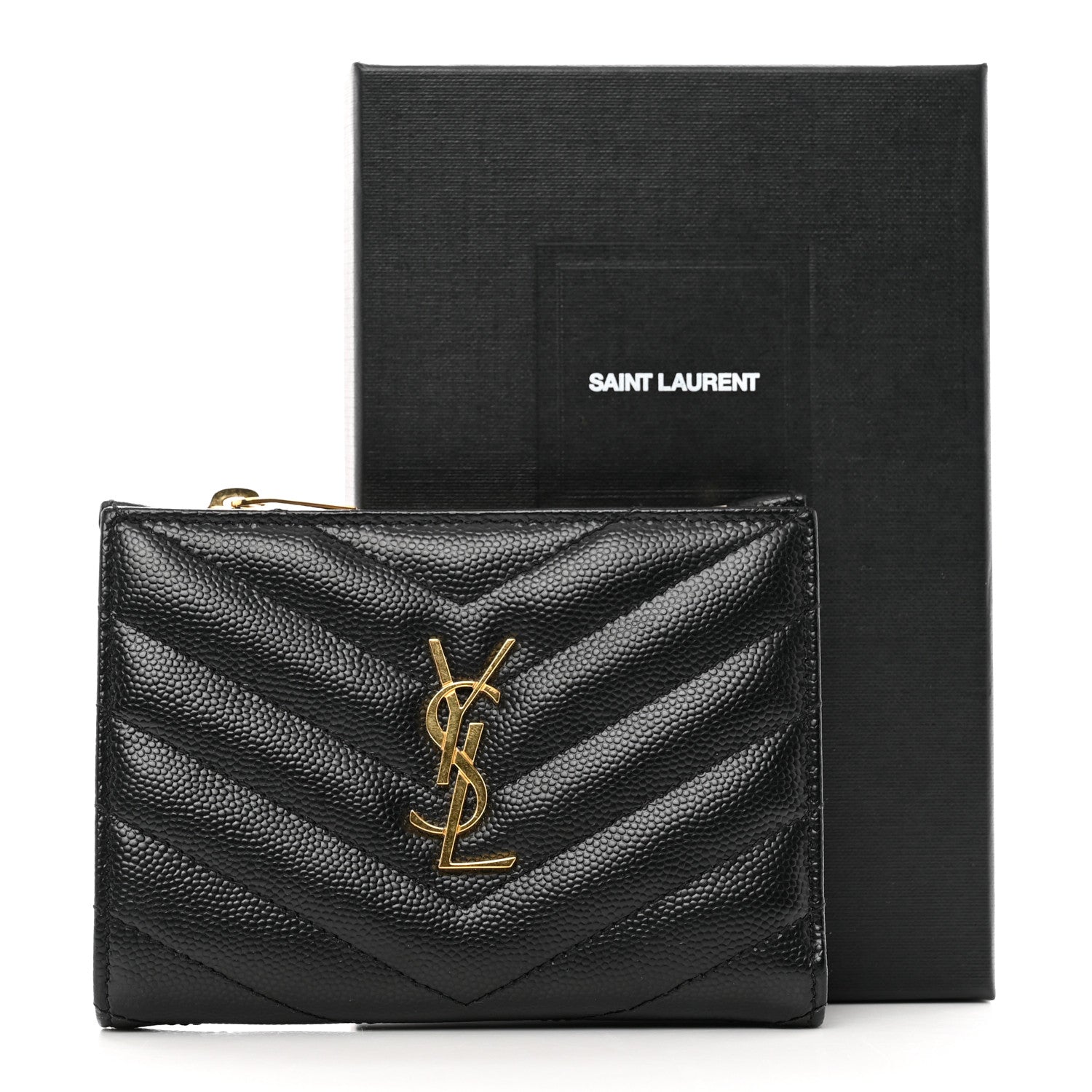 Saint Laurent Grain De Poudre Matelasse Chevron Monogram Zipped Two-Part Wallet Black 7 of 7