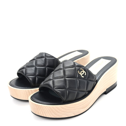 Chanel Lambskin Quilted CC Wedge Sandals 39 Black 4 of 8