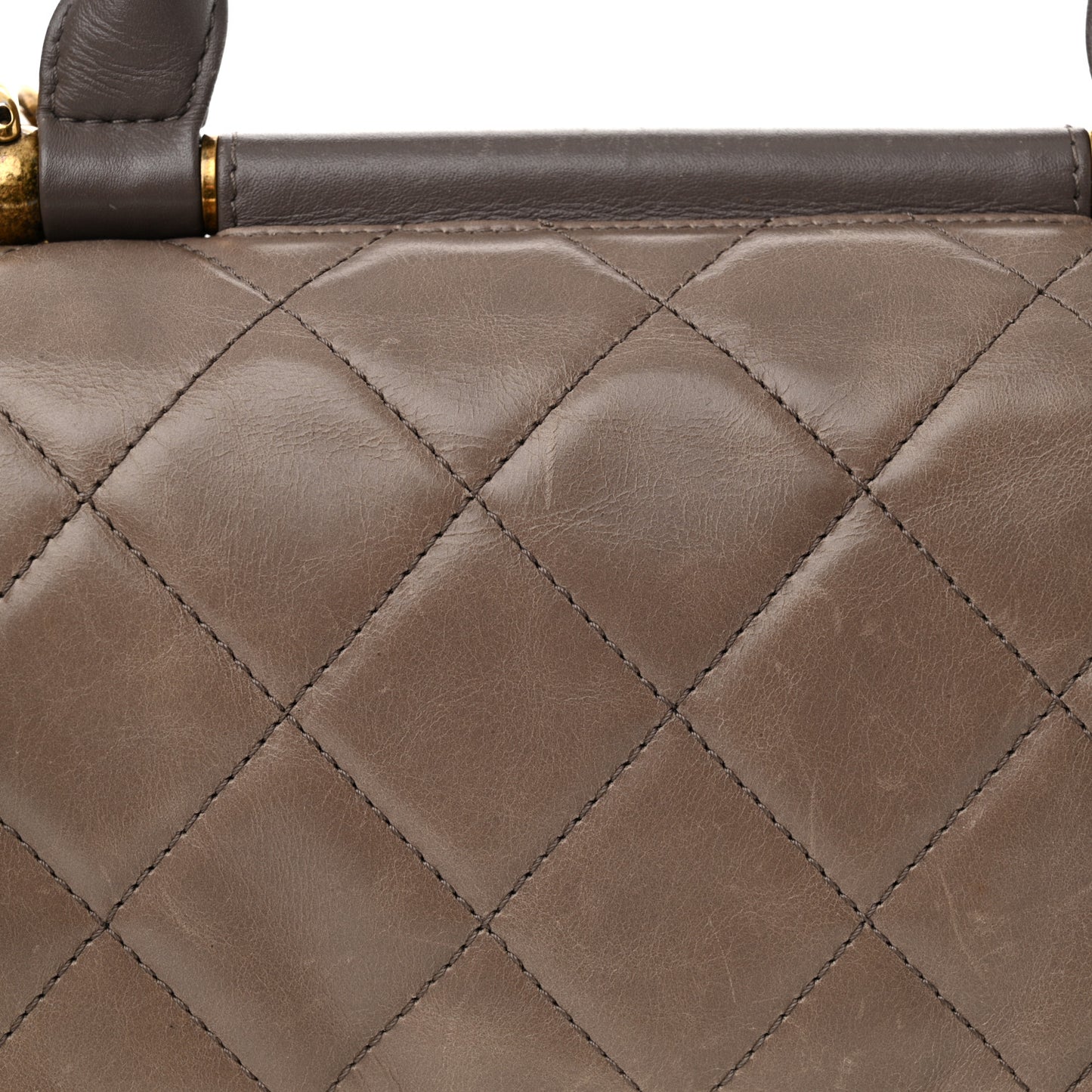 Glazed Calfskin Quilted Medium Gold Bar Top Handle Flap Dark Grey