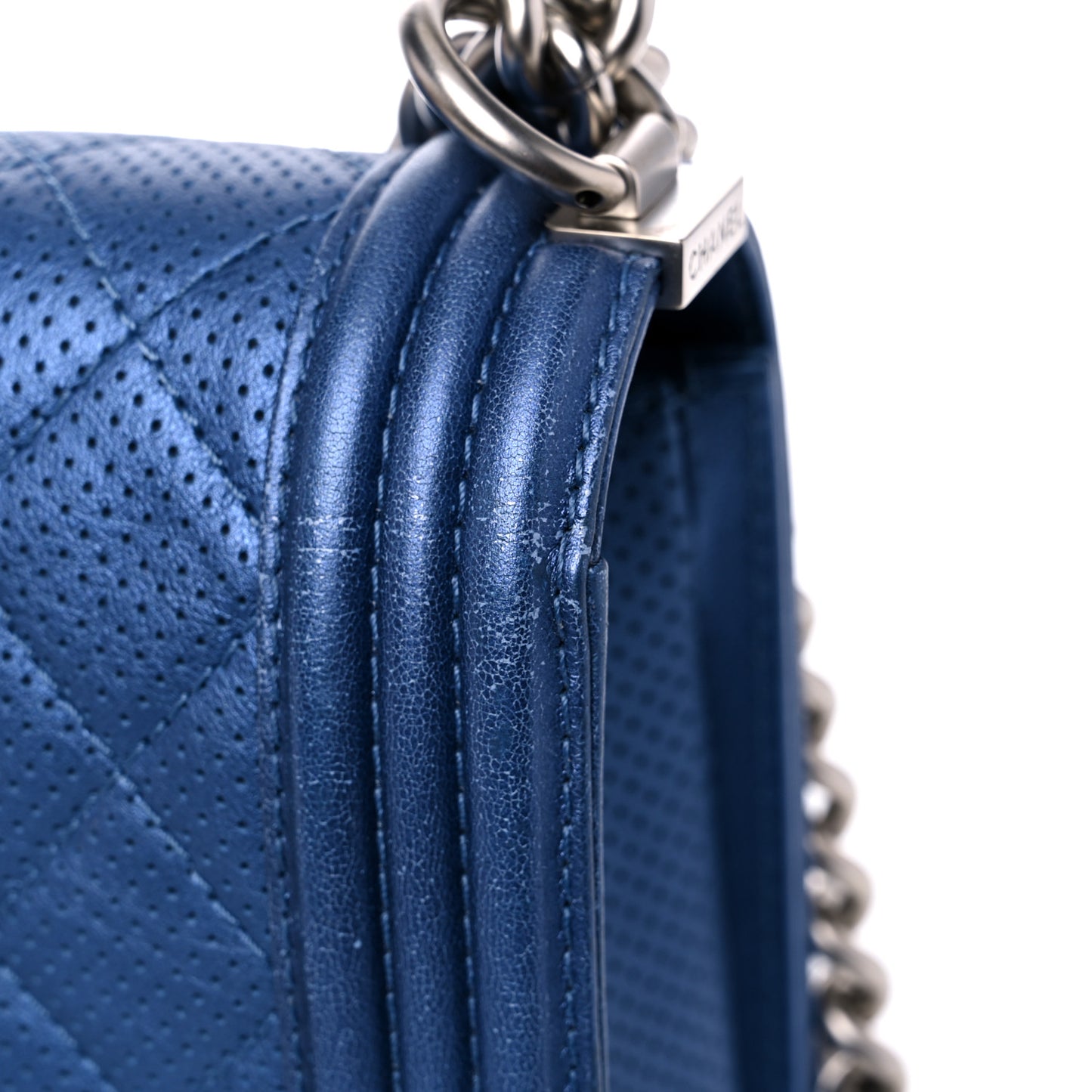 Perforated Lambskin Quilted New Medium Boy Flap Blue