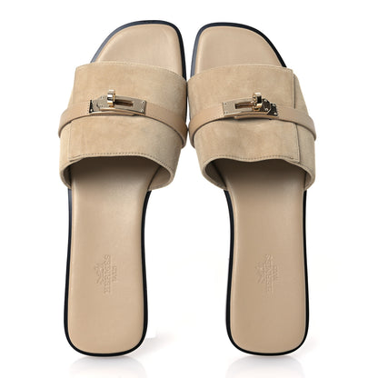 Hermes Suede Goatskin Giulia Sandals 41 Beige Lin 2 of 13