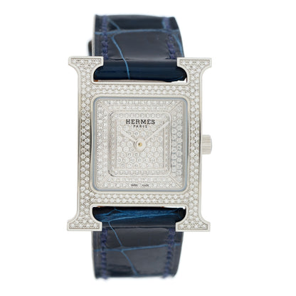 Hermes Stainless Steel Alligator Diamond Pave 21mm Heure H Hour Quartz Watch Bleu Saphir 1 of 6