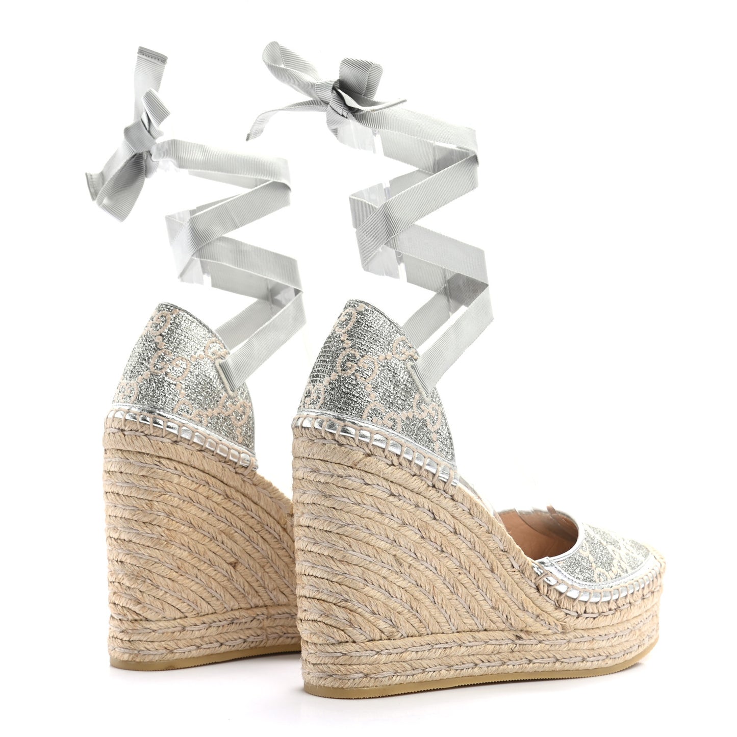 Lame GG Monogram Ankle Wrap Platform Espadrille Wedges 37 Silver Beige Light Grey