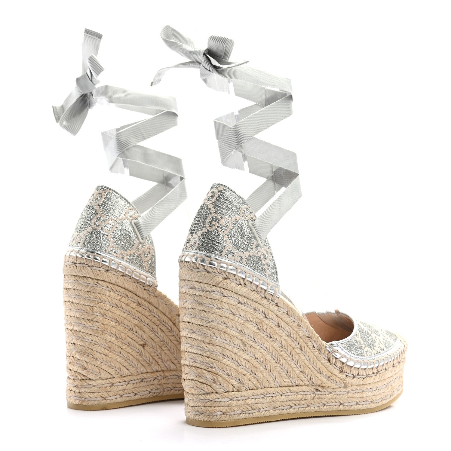 Gucci Lame GG Monogram Ankle Wrap Platform Espadrille Wedges 37 Silver Beige Light Grey 4 of 8