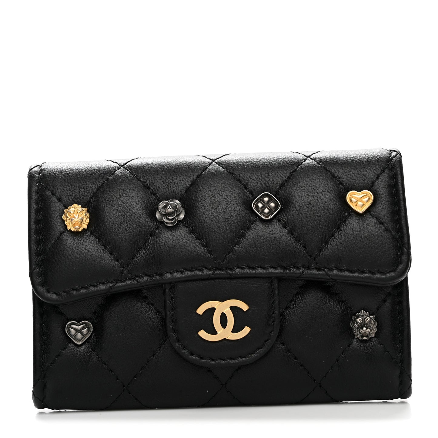 Lambskin Quilted Lucky Charms Flap Card Holder Wallet Black