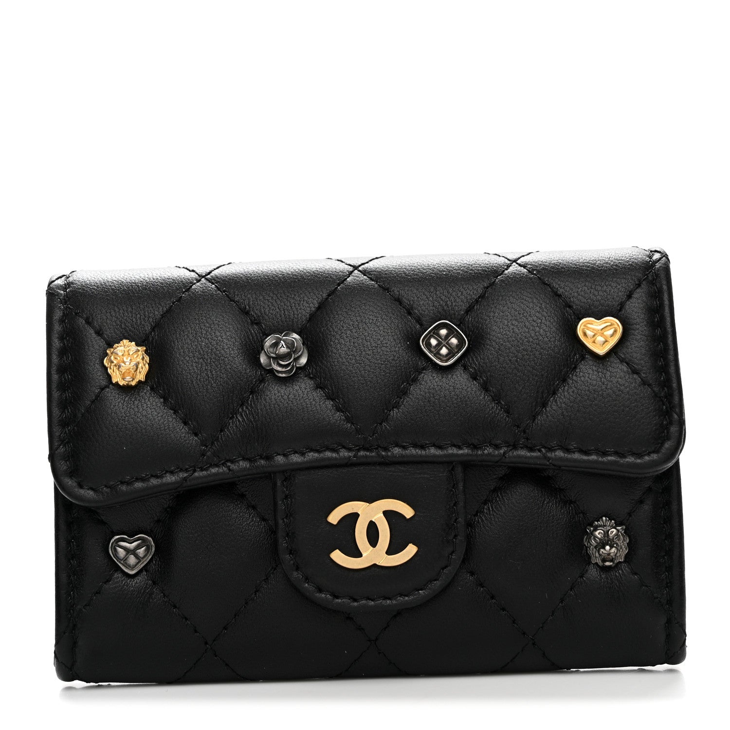 Chanel Lambskin Quilted Lucky Charms Flap Card Holder Wallet Black 1 of 9