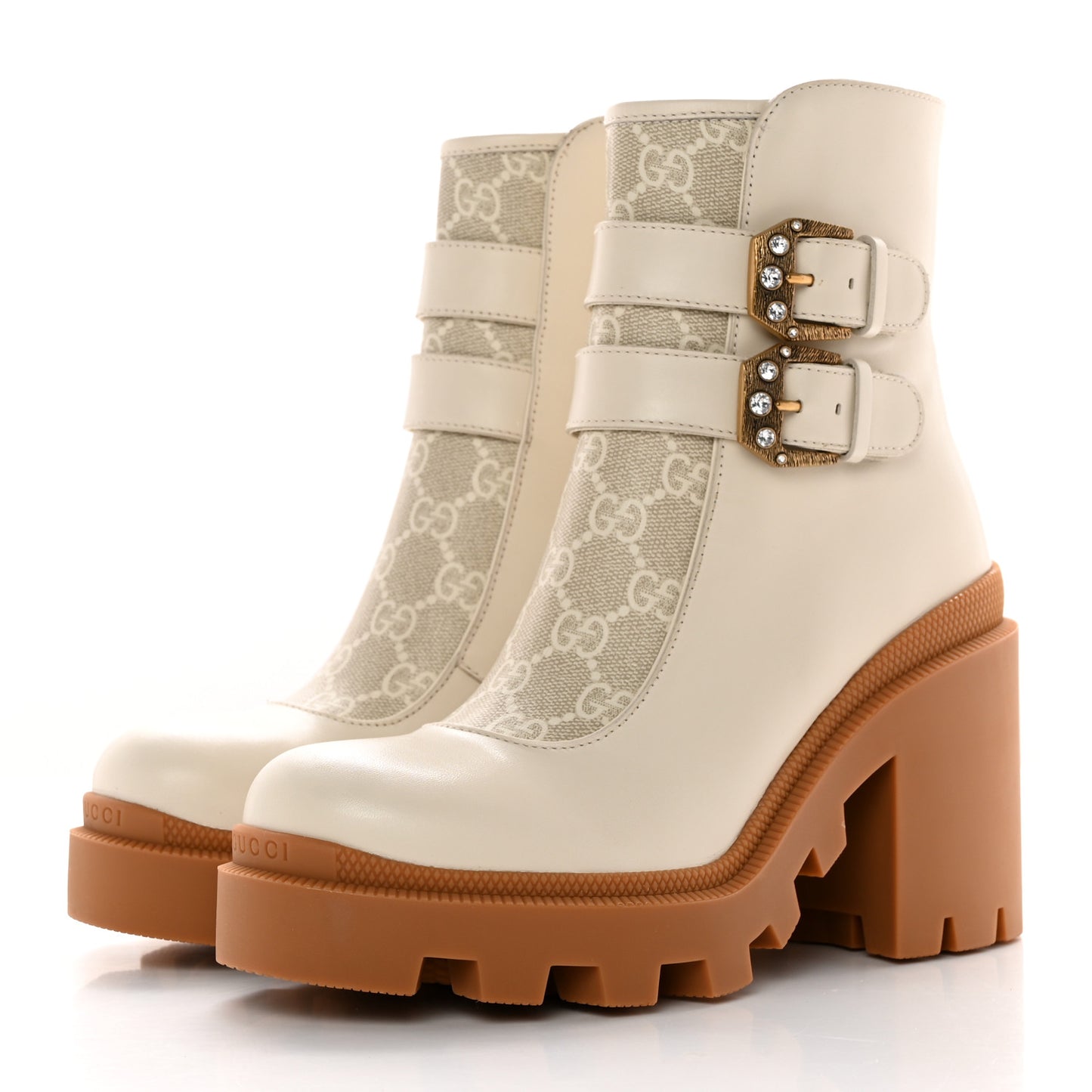Kensington Calfskin Nappa GG Supreme Monogram Womens Double Buckle Ankle Boots 36.5 Mystic White Beige