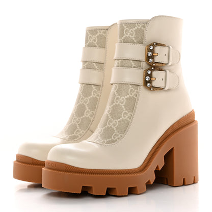 Gucci Kensington Calfskin Nappa GG Supreme Monogram Womens Double Buckle Ankle Boots 36.5 Mystic White Beige 3 of 11