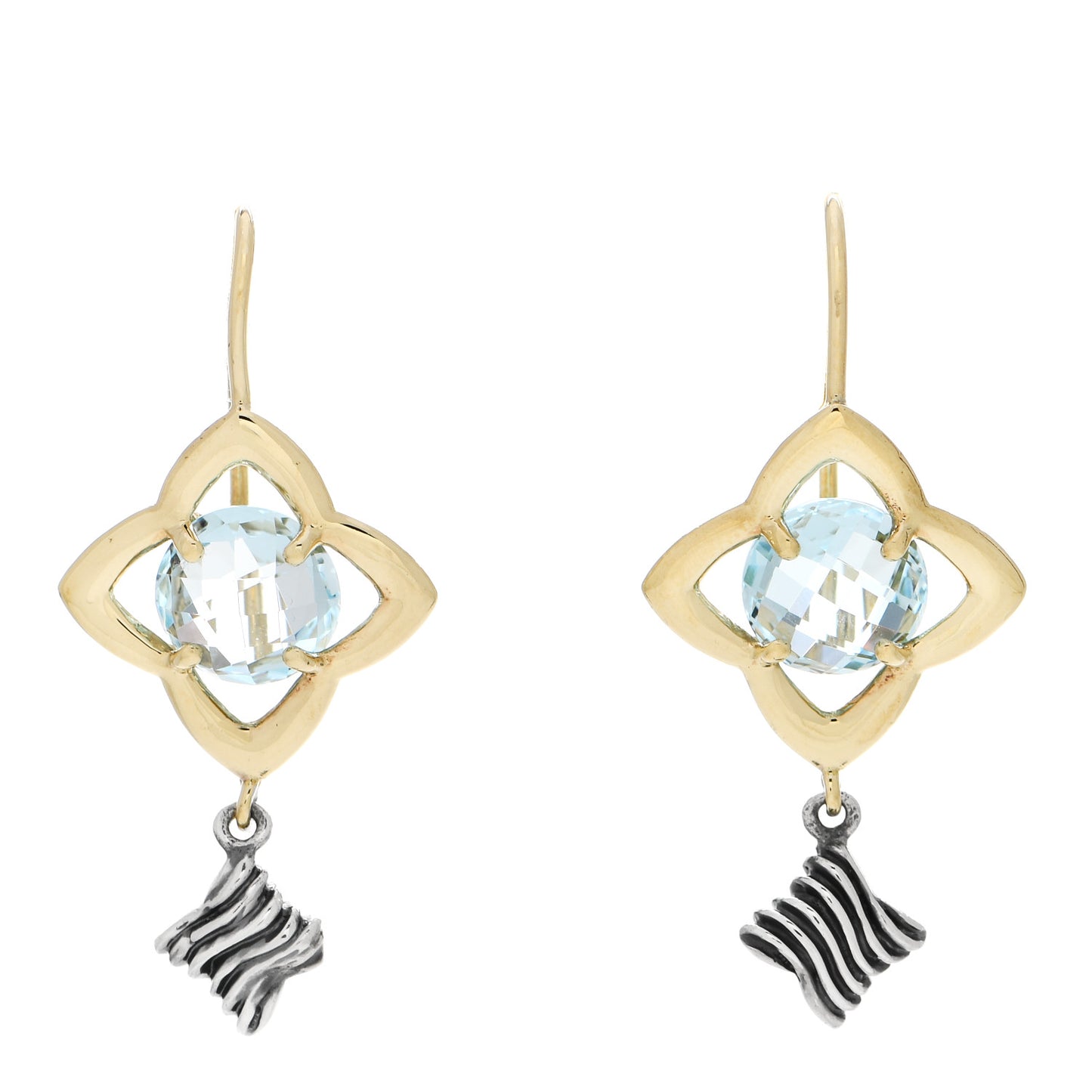 Sterling Silver 18K Yellow Gold Blue Topaz Quatrefoil Drop Earrings