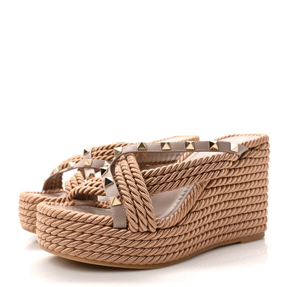 Valentino Garavani Calfskin Silk Rockstud Torchon Espadrille Wedge 25/95mm Slide Sandals 36 Poudre 3 of 7