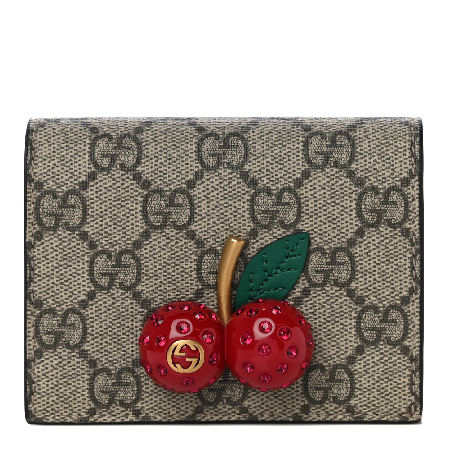 GG Supreme Monogram Cherry Embellished Card Case Wallet Hibiscus Red