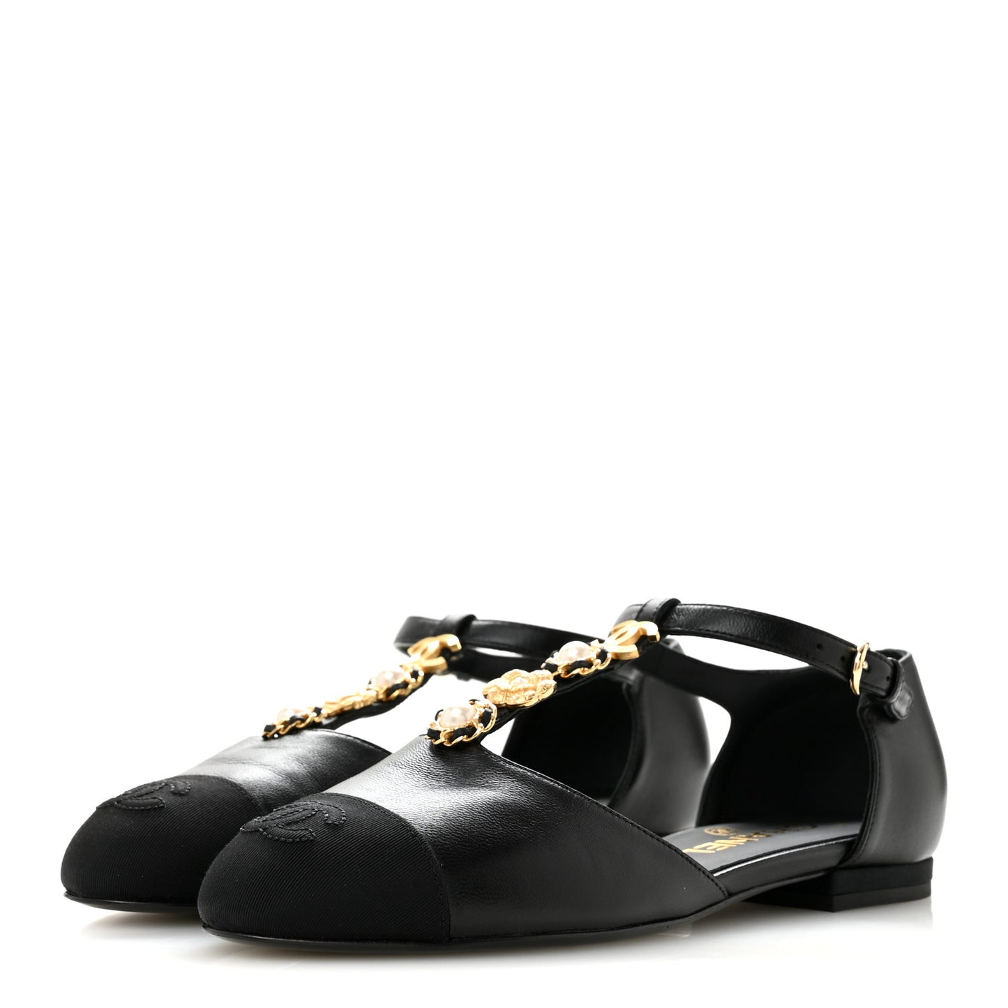 Lambskin Grosgrain Cap Toe Pearl CC Mary Jane Flats 36 Black