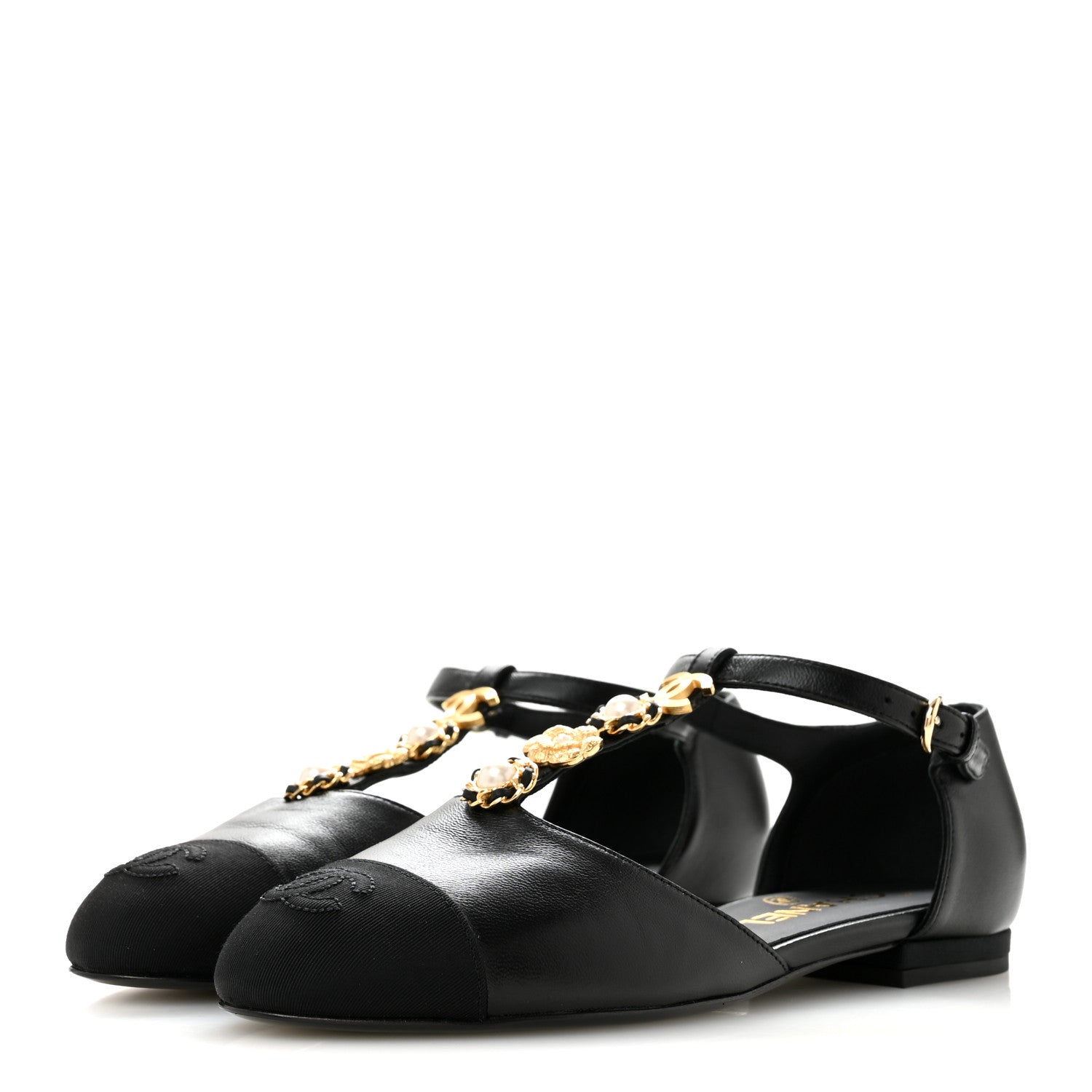 Chanel Lambskin Grosgrain Cap Toe Pearl CC Mary Jane Flats 36 Black 4 of 10