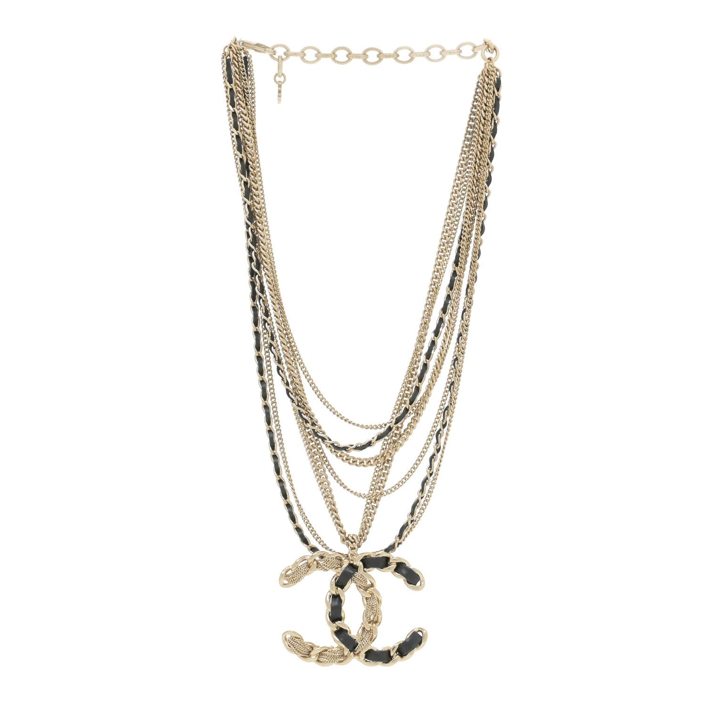 Pearl Lambskin Chain CC Multi Strand Necklace Gold Black