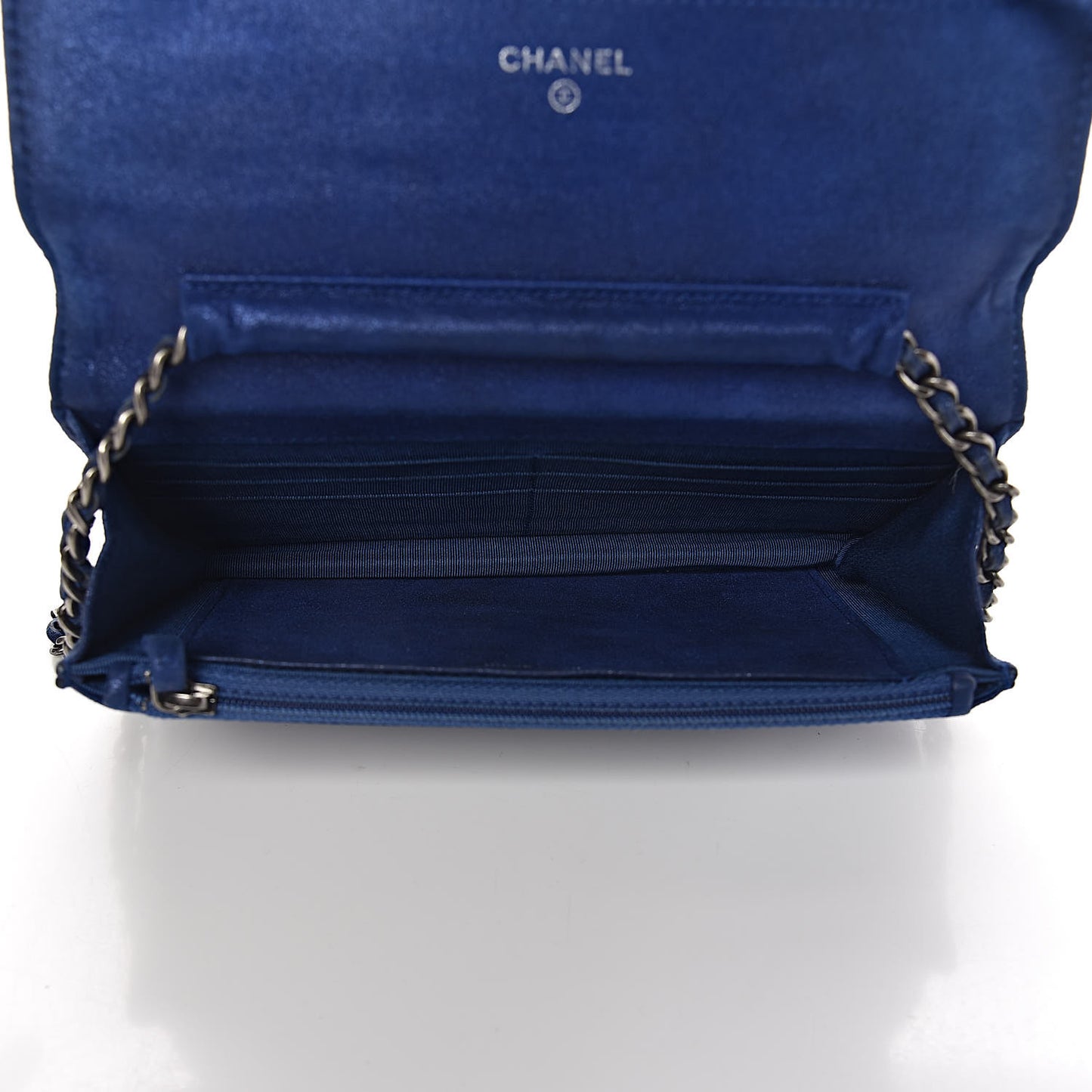 Iridescent Calfskin Quilted Wallet on Chain WOC Blue