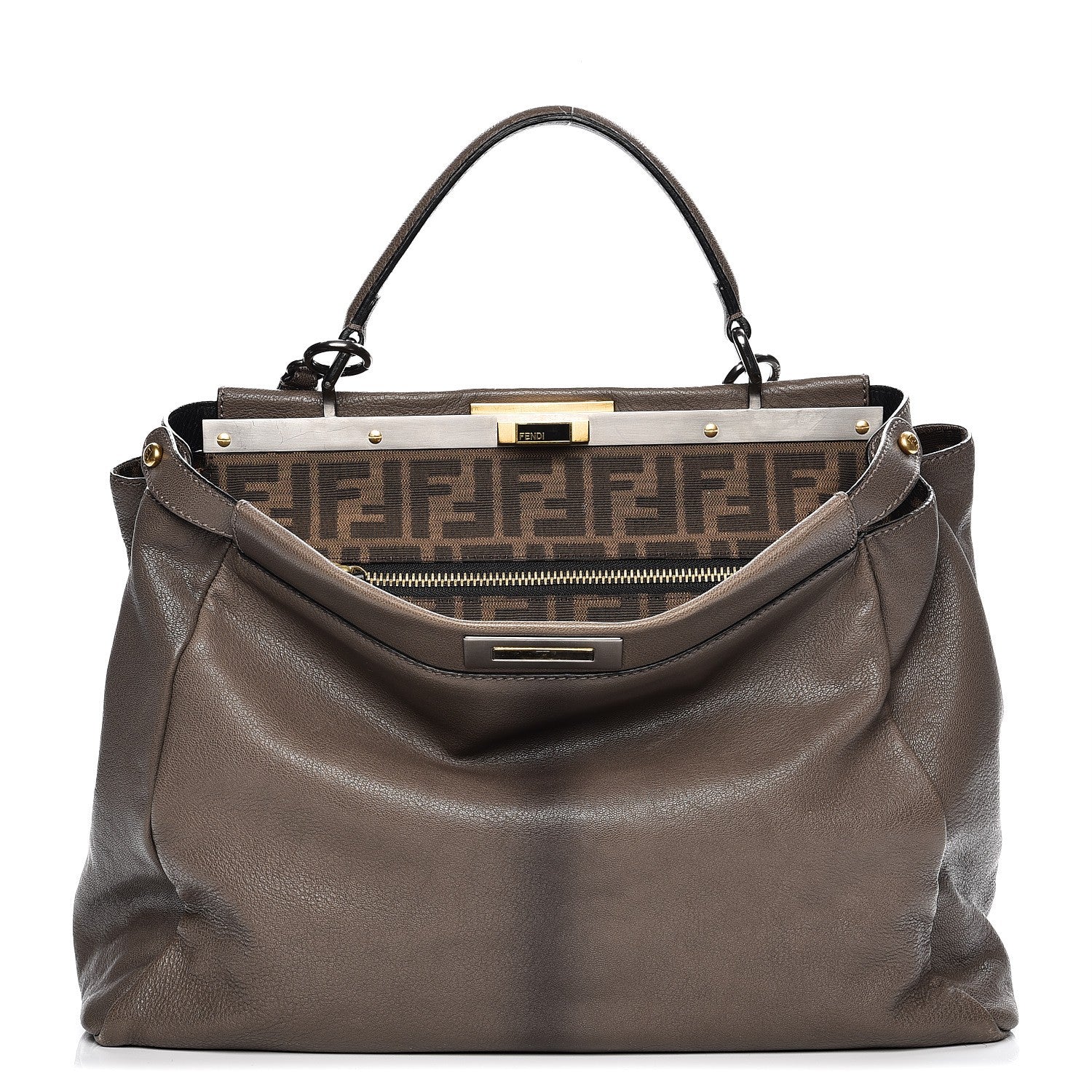 Fendi Goatskin Zucca Large Peekaboo Iconic Satchel Taupe Tobacco Moro 1 of 14