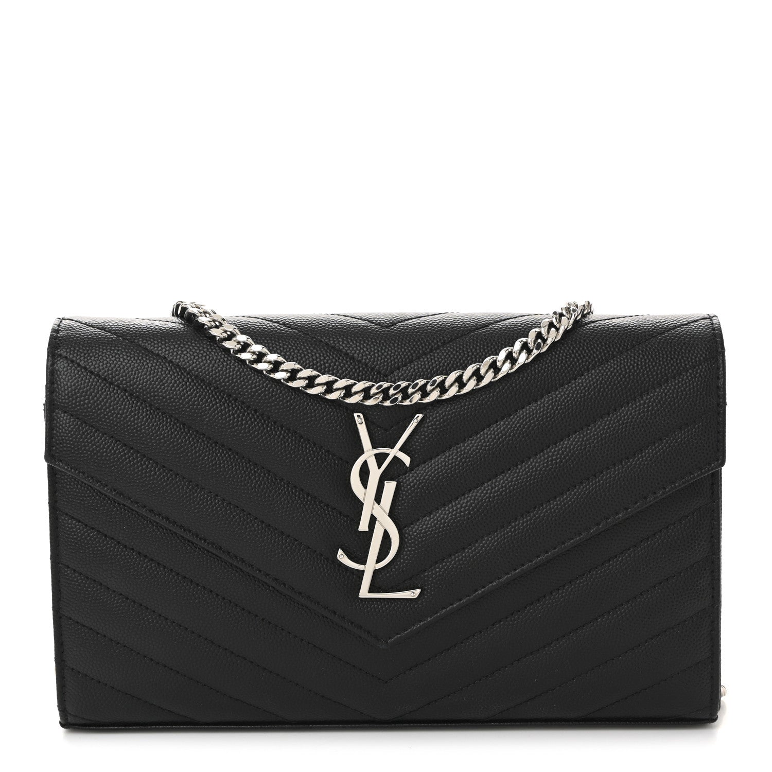 Saint Laurent Grain De Poudre Matelasse Chevron Monogram Chain Wallet Black 1 of 18