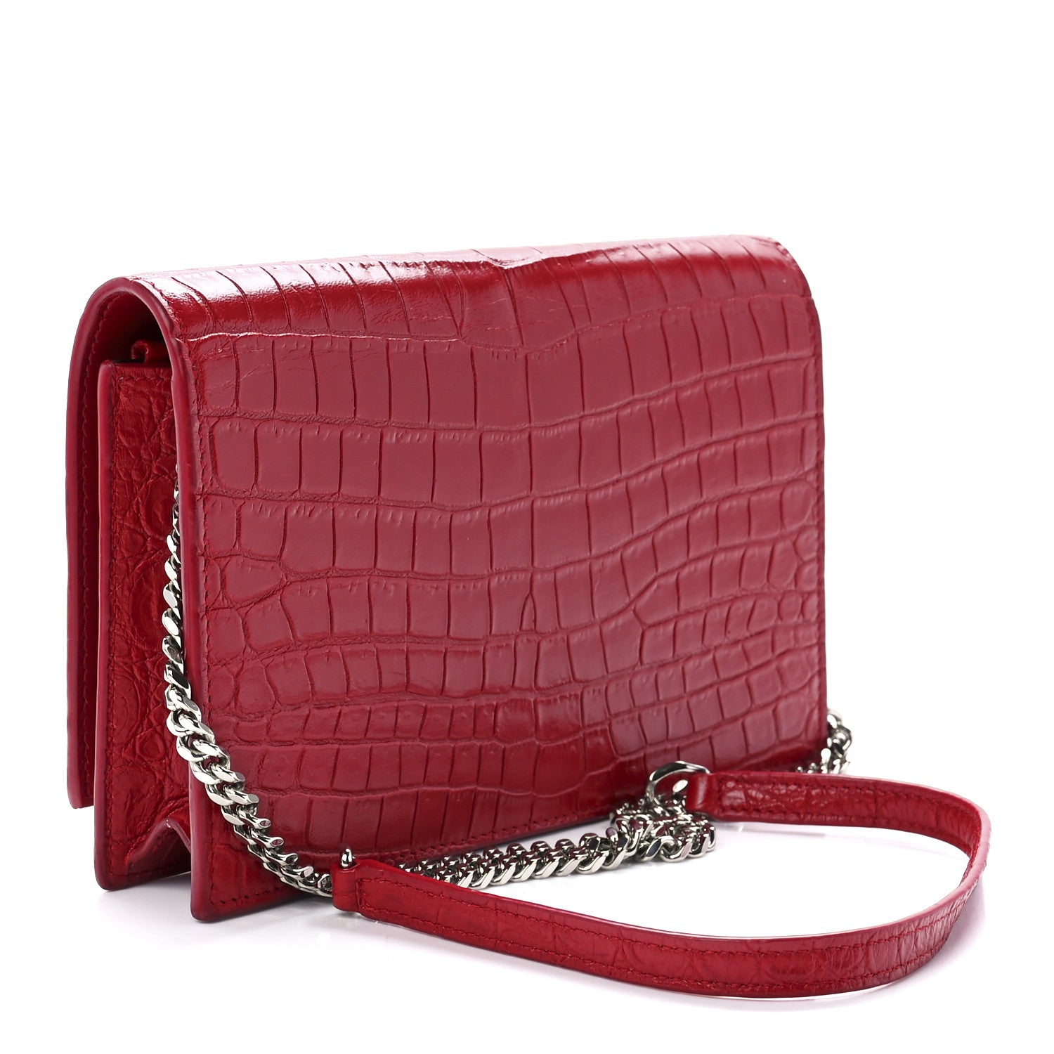 Saint Laurent Calfskin Crocodile Embossed Kate Monogram Tassel Chain Wallet Rouge Eros 3 of 10