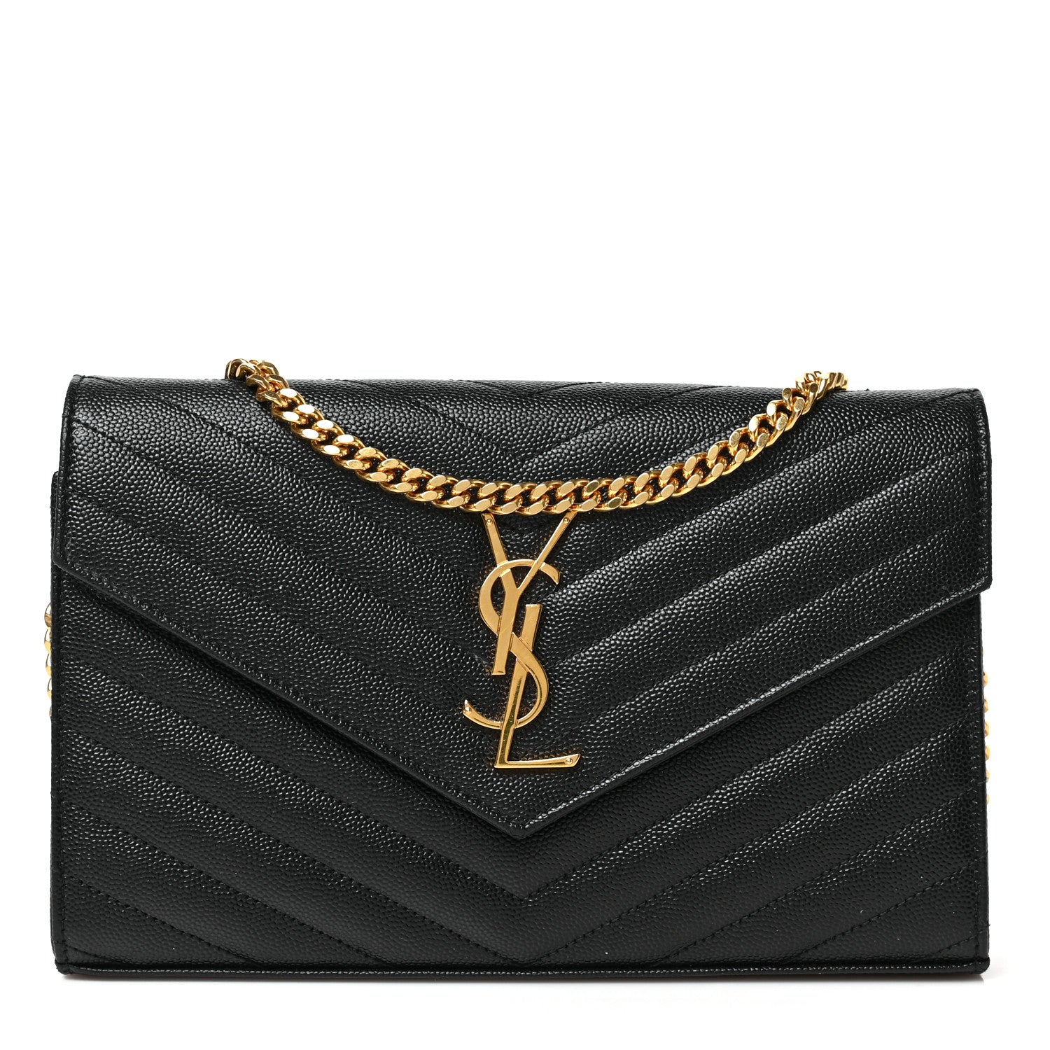 Saint Laurent Grain De Poudre Matelasse Chevron Monogram Chain Wallet Black 1 of 8