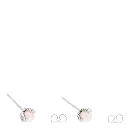 David Yurman Sterling Silver Diamond Pearl 6-6.5mm Cable Stud Earrings 3 of 4