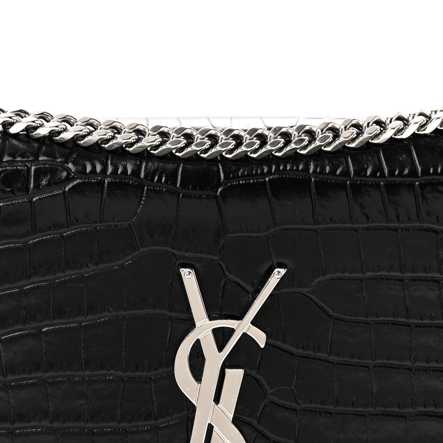 Saint Laurent Calfskin Crocodile Embossed Small Classic Monogram Kate Tassel Satchel Black 8 of 13