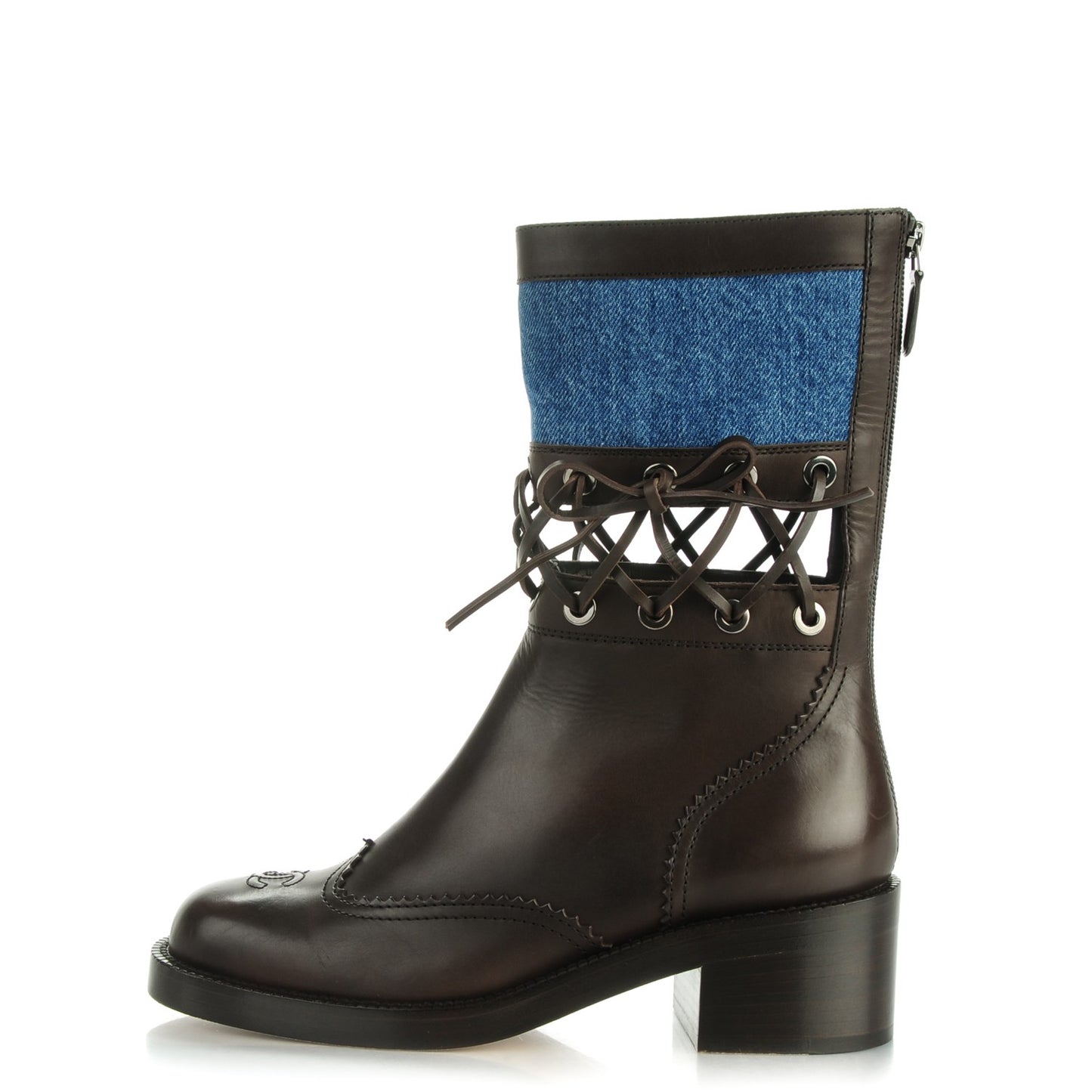 Calfskin Denim Lace Up Short Boots 38 Blue Brown