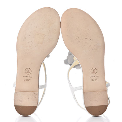 Chanel Crackled Lambskin Camellia Thong Sandals 39.5 White 5 of 11