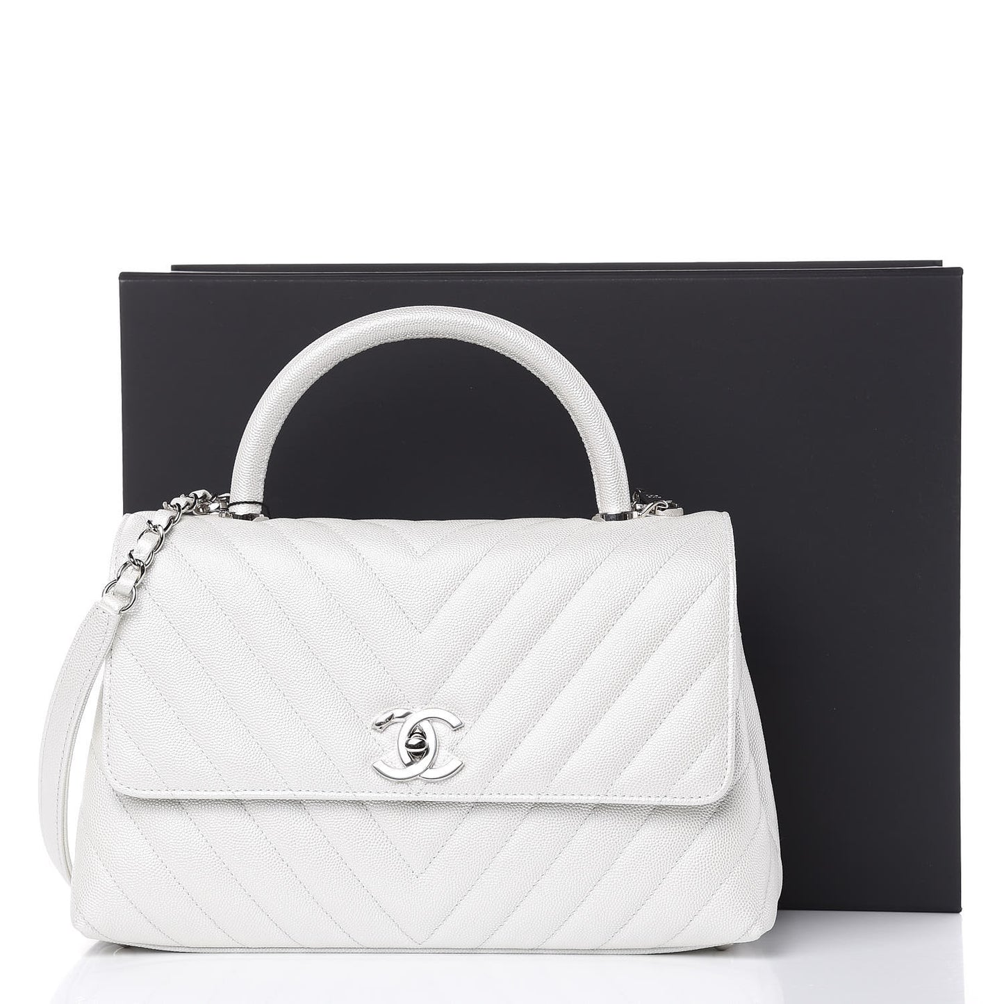 Iridescent Caviar Chevron Quilted Small Coco Handle Flap White