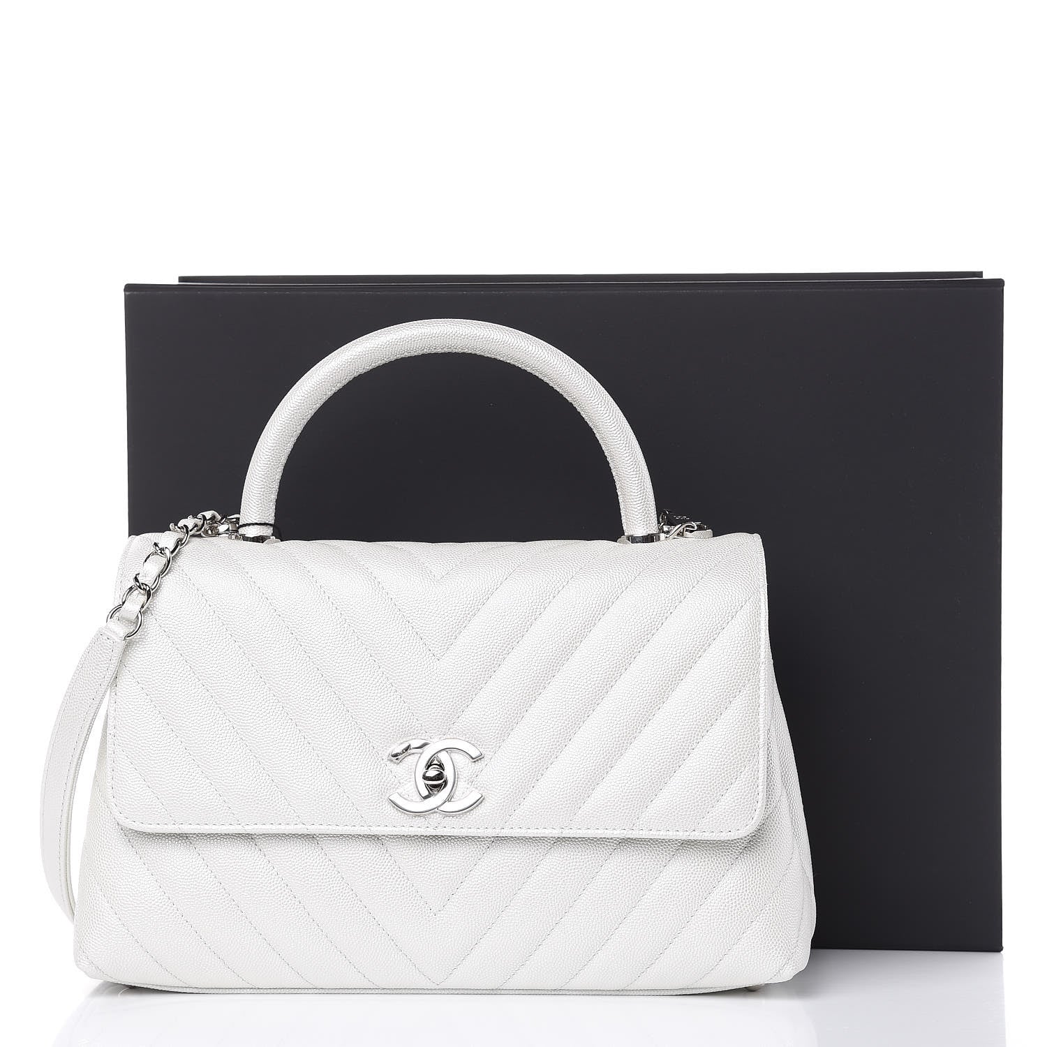 Chanel Iridescent Caviar Chevron Quilted Small Coco Handle Flap White 10 of 10