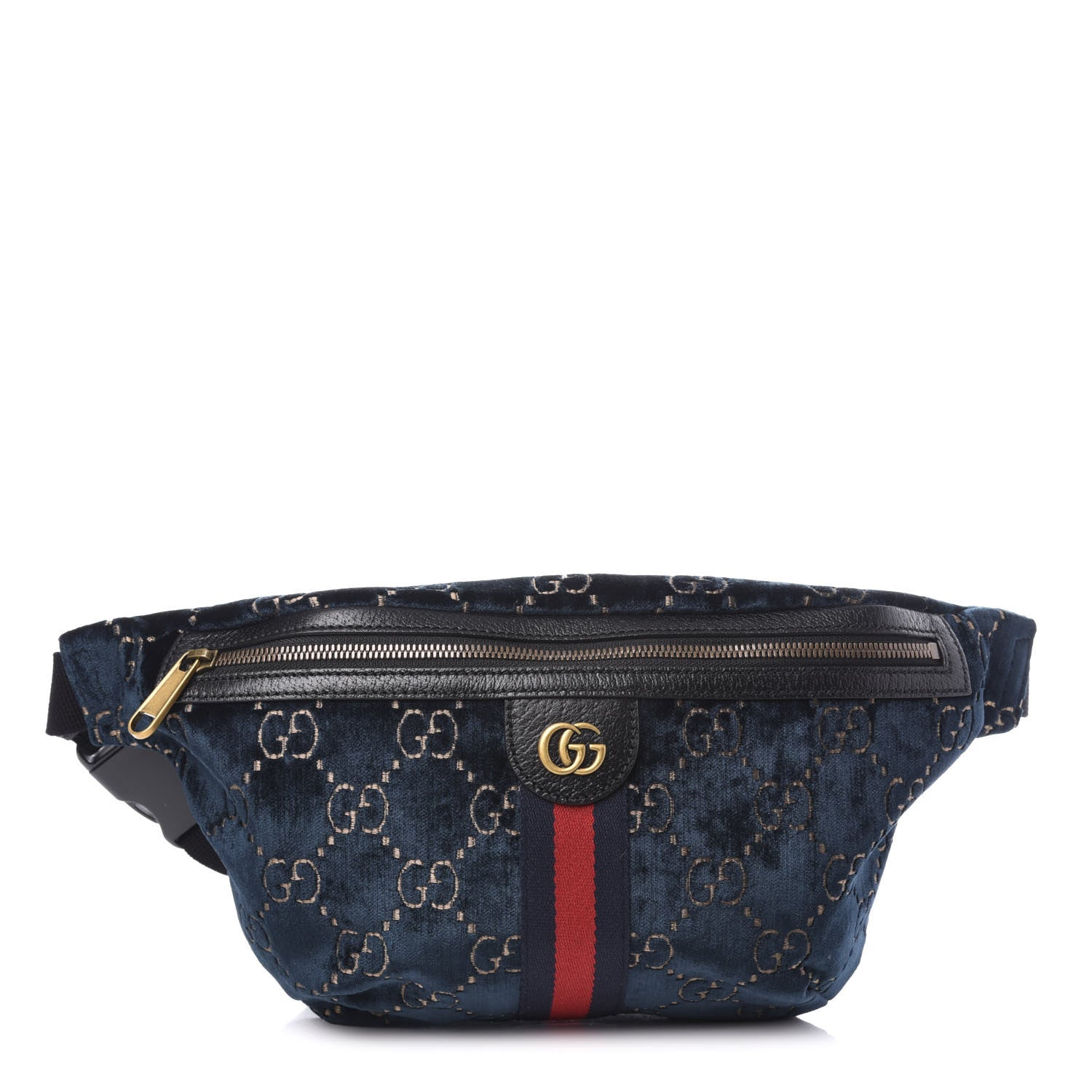 Gucci Velvet GG Monogram Web Belt Bag Blue Beige 1 of 9