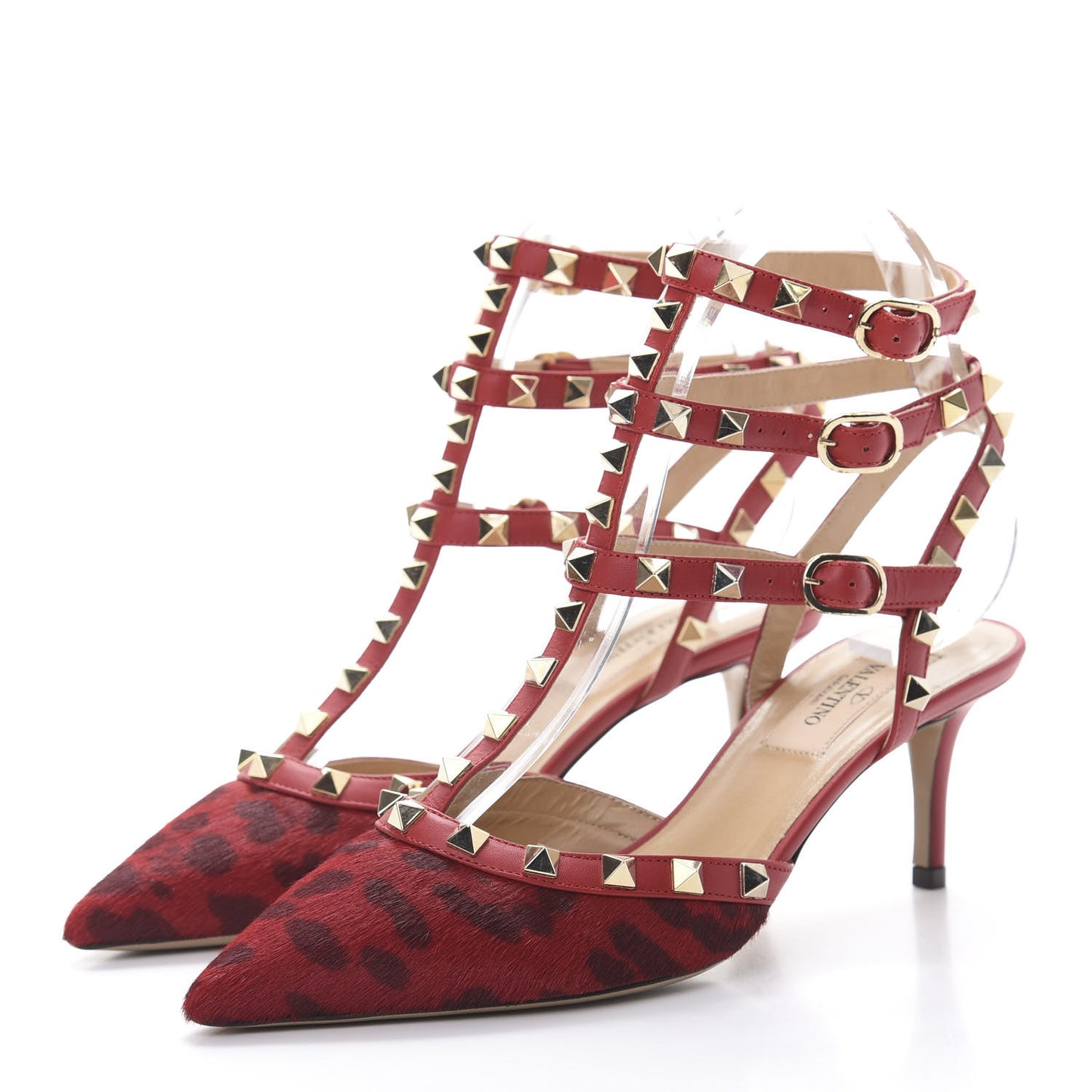Calf Hair Leopard Print Rockstud Ankle Strap 65mm Pumps 36 Rosso Valentino
