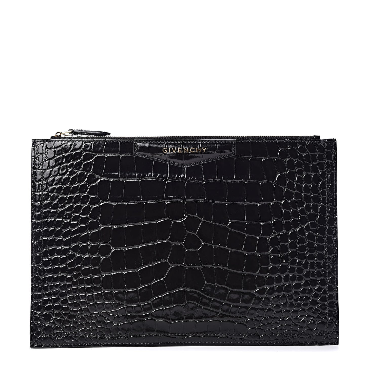 Calfskin Crocodile Embossed Medium Zip Pouch Black