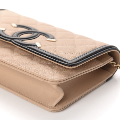 Chanel Caviar Quilted CC Filigree Wallet On Chain WOC Beige Black 7 of 12