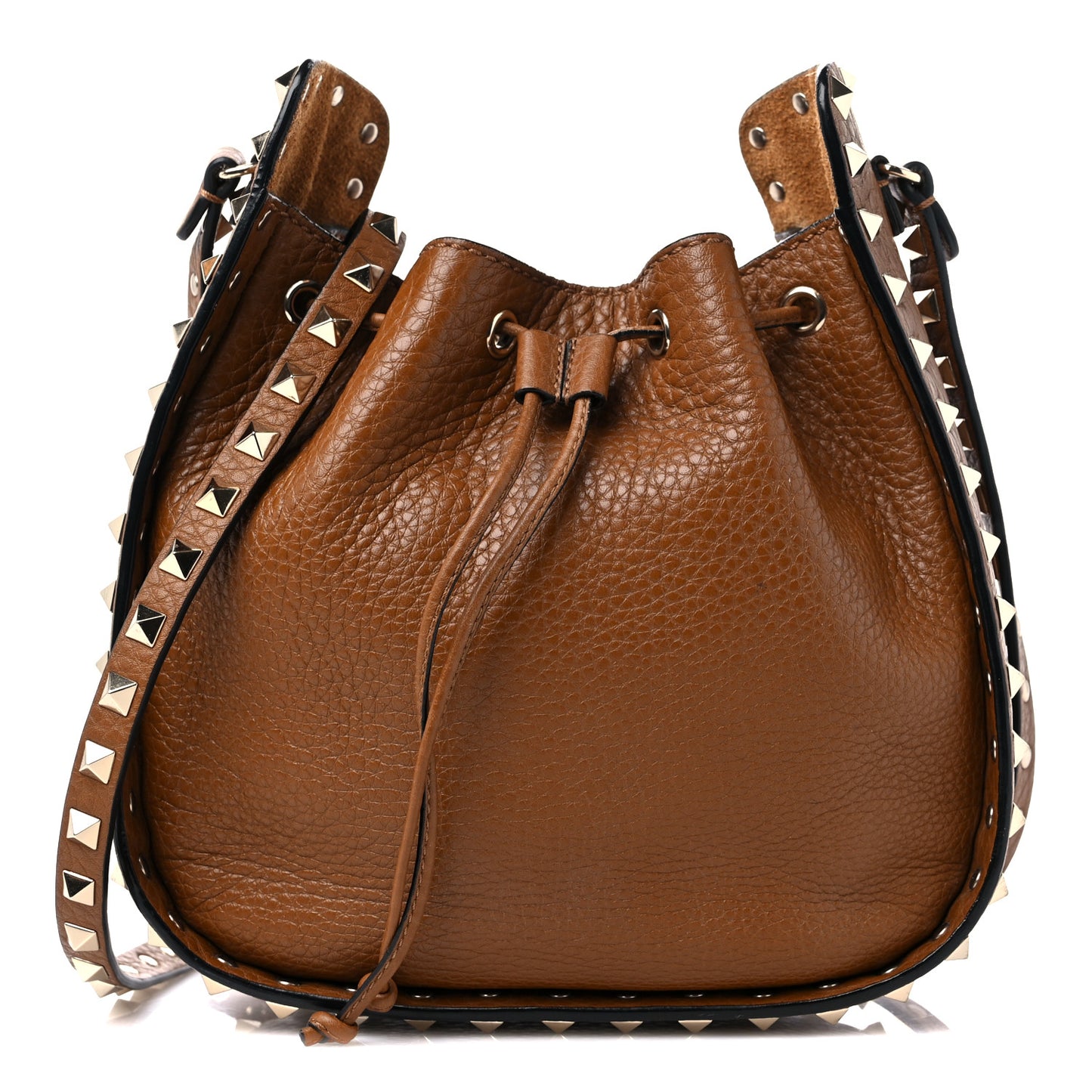 Grained Calfskin Rockstud Bucket Bag Bright Cognac