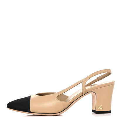 Chanel Goatskin Grosgrain Cap Toe CC Slingback Pumps 37.5 Beige Black 1 of 10