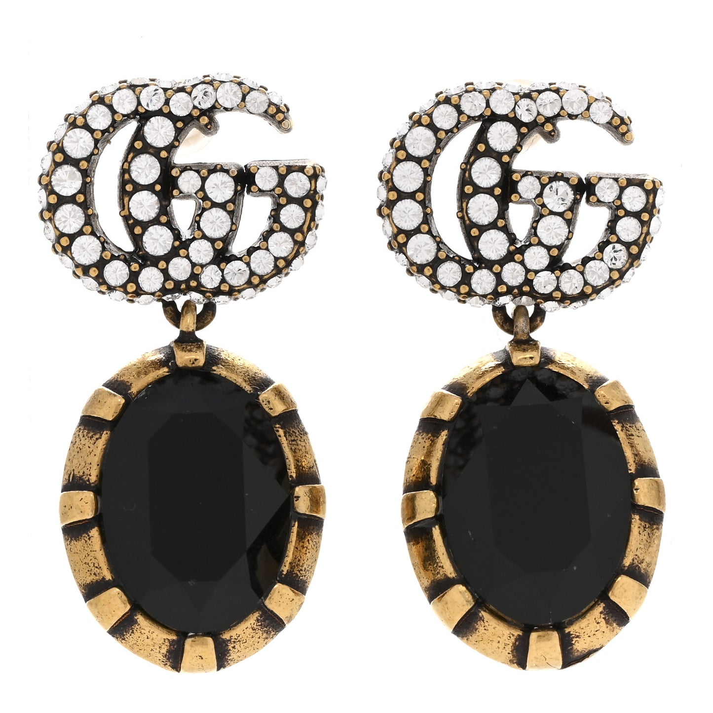 Metal Crystal Double G Drop Earrings Black Gold