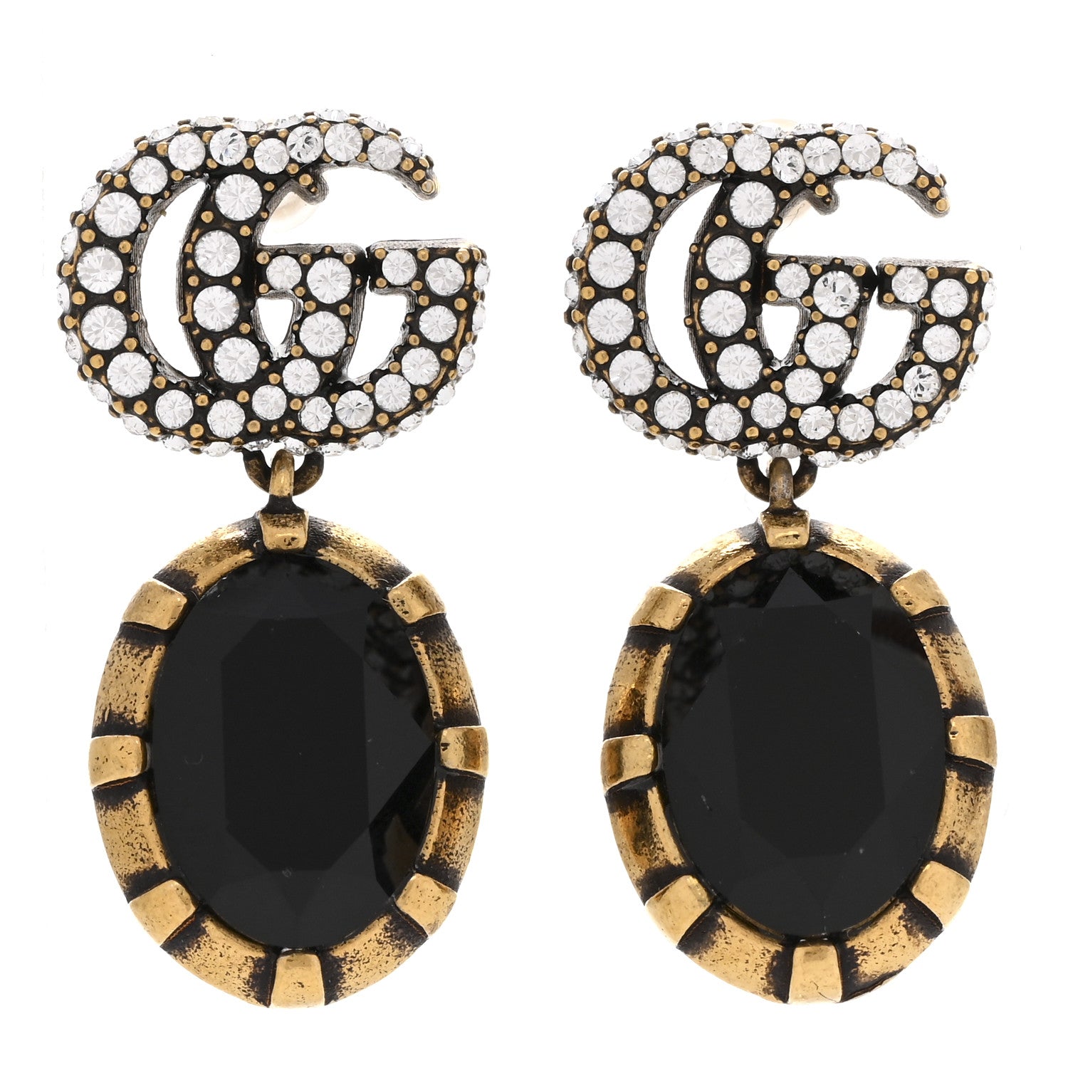 Gucci Metal Crystal Double G Drop Earrings Black Gold 1 of 6