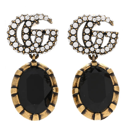 Gucci Metal Crystal Double G Drop Earrings Black Gold 1 of 6