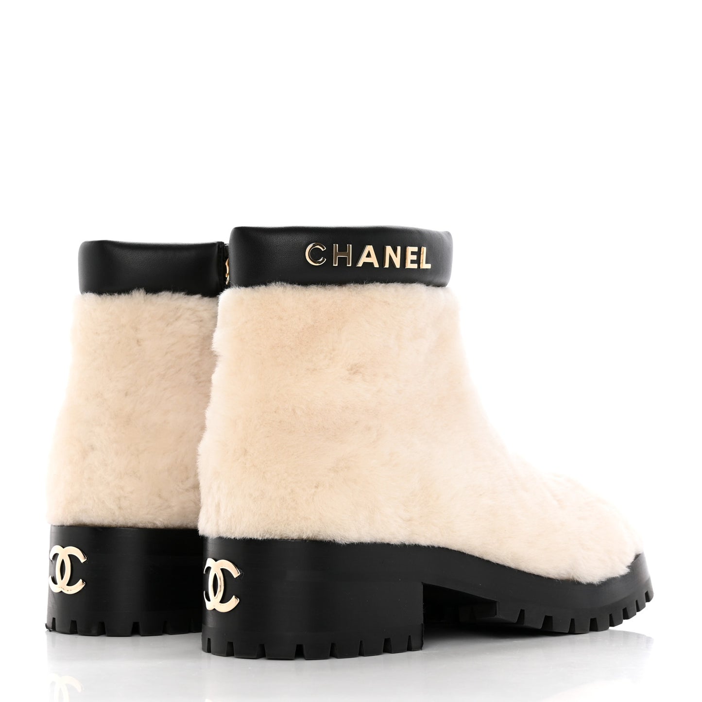 Shearling Lambskin Logo Ankle Boots 38.5 Ivory Black